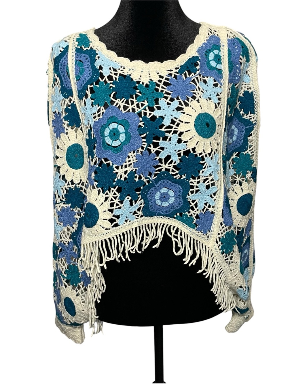 House of Harlow 1960 Crochet Fringe Poncho Sweater long sleeves top